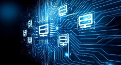 Imagen digital con varios discos duros interconectados por líneas de transmisión de datos