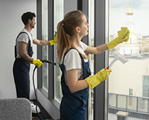 Dos empleados limpian los cristales de unas oficinas