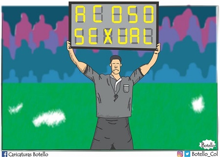 Ilustración de un árbitro sosteniendo un cartel que pone 'acoso sexual'
